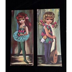 Goji Big Eye Girls, Vintage (Set of 2) MCM Goji Harlequin Art Prints Retro 60s
